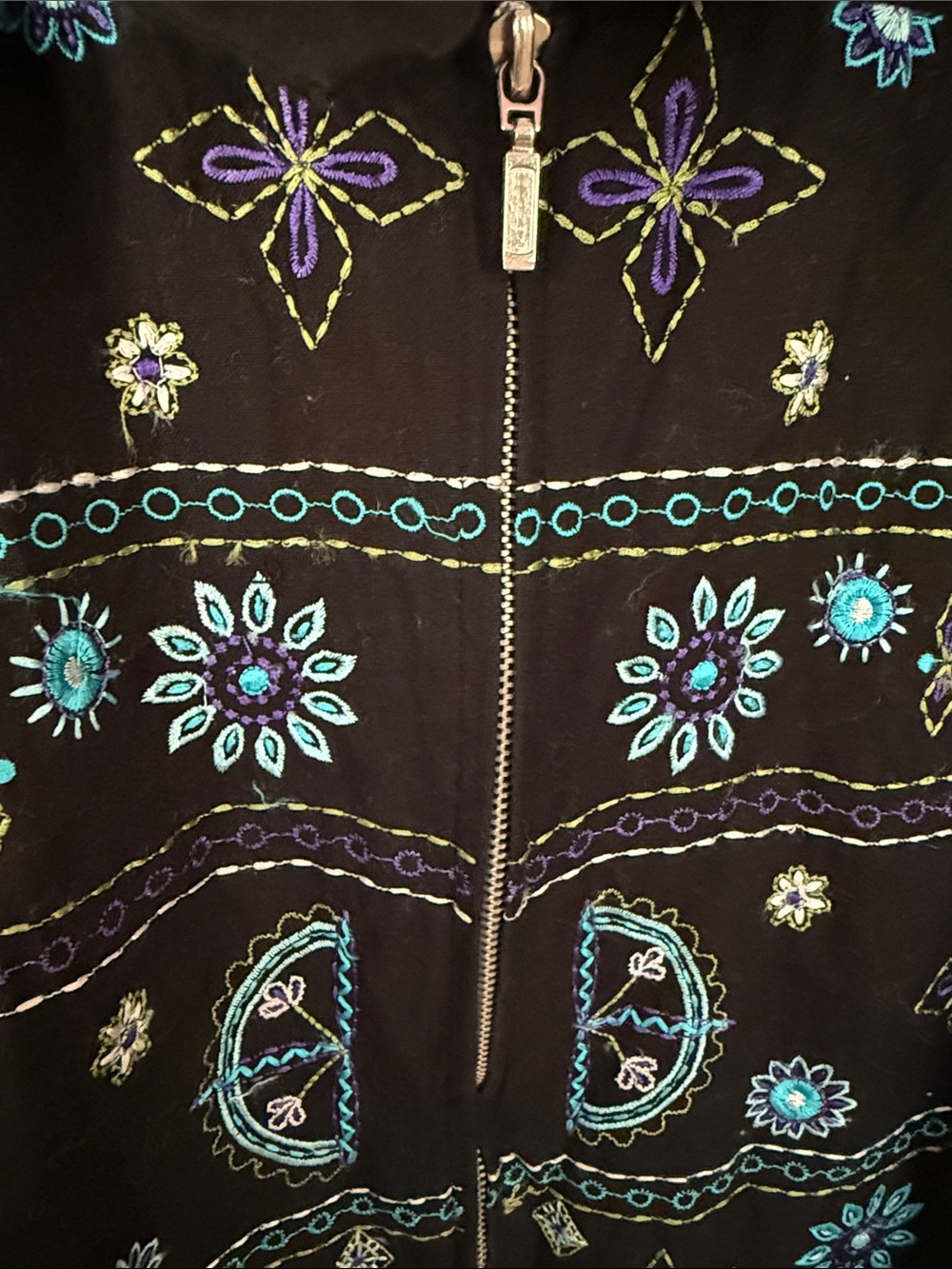 Black Embroidered Zip-Front Jacket with Teal Floral Motif Size Large - Picture 3 of 9